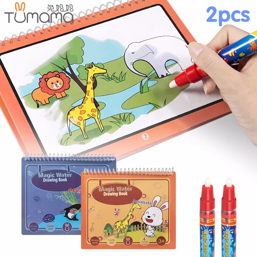 

Tumama 2pcs Magic Coloring Book Book Animal Marine Life Water Drawing Book Magic Pen Drawing Board Juguetes Kids Painting Toys