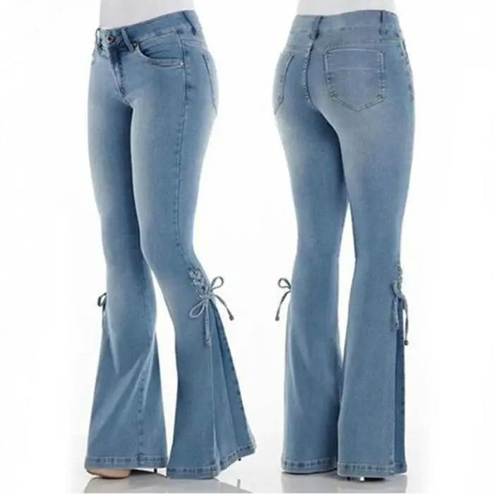 2019 горячие дамы среднего пояса деним стрейч микро колокол джинсы с кроем для женщин повседневные модные джинсы CGU 88