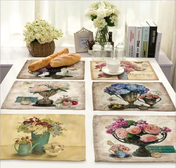 

4Pcs/lot Printed Linen Placemat Place mat Table Mat Creative vintage flower polyester Dinner Coaster Dec wholesale FG771