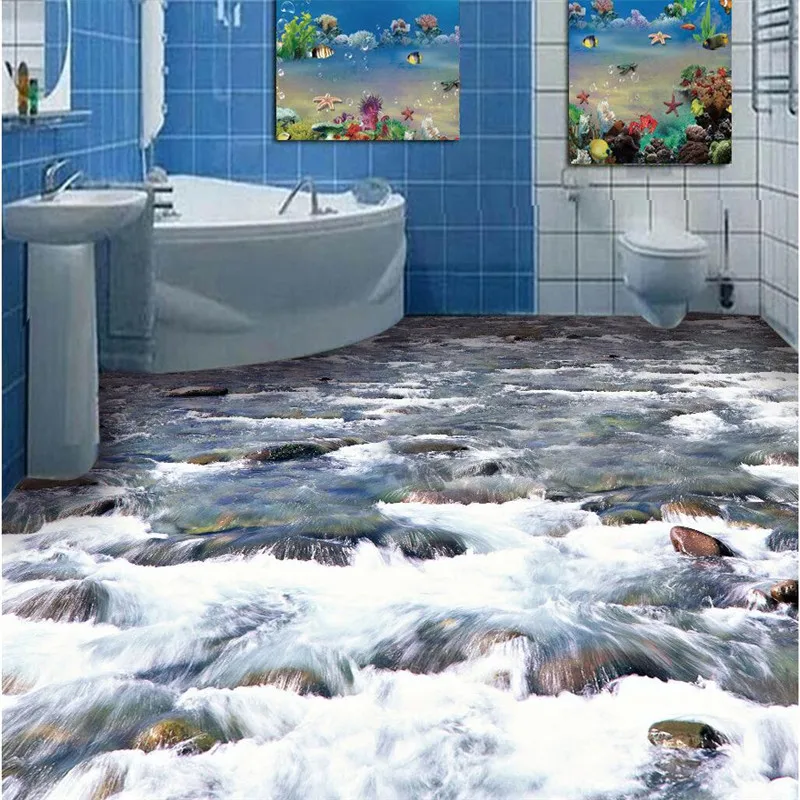 

Custom Photo Flooring 3D Wallpaper crystal clear river water Bathroom stone Flooring Self-adhesive PVC Flooring papel de parede