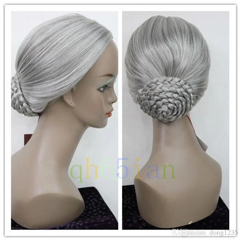 

New Retro Gray Braid Hair Bun Women Granny Party Cosplay Wigs