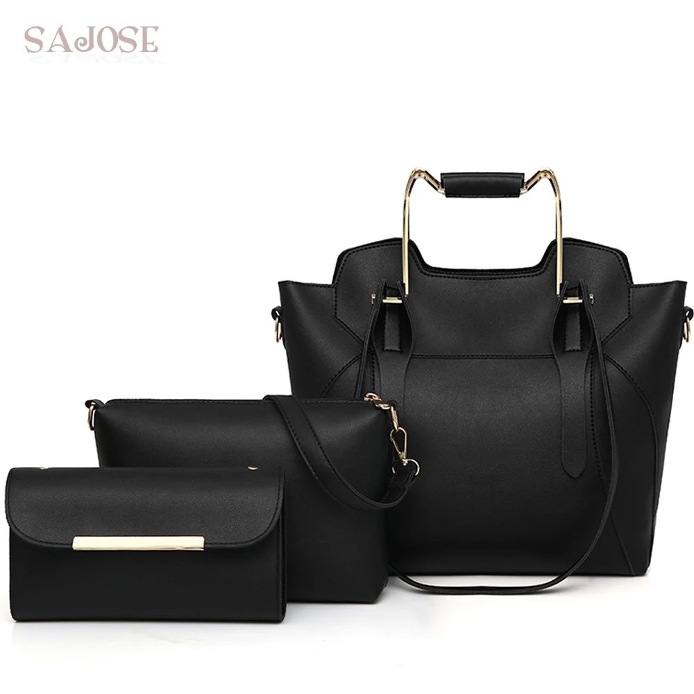 Women Fashion 3 Sets High Quality Leather Handbag Totes Bag For Lady Black Composite Bag Women Shoulder Messenger Purse Bags omadnn women s handbag fashion shoulder bag casual simple totes femme crossbody messenger high quality leather square black bag
