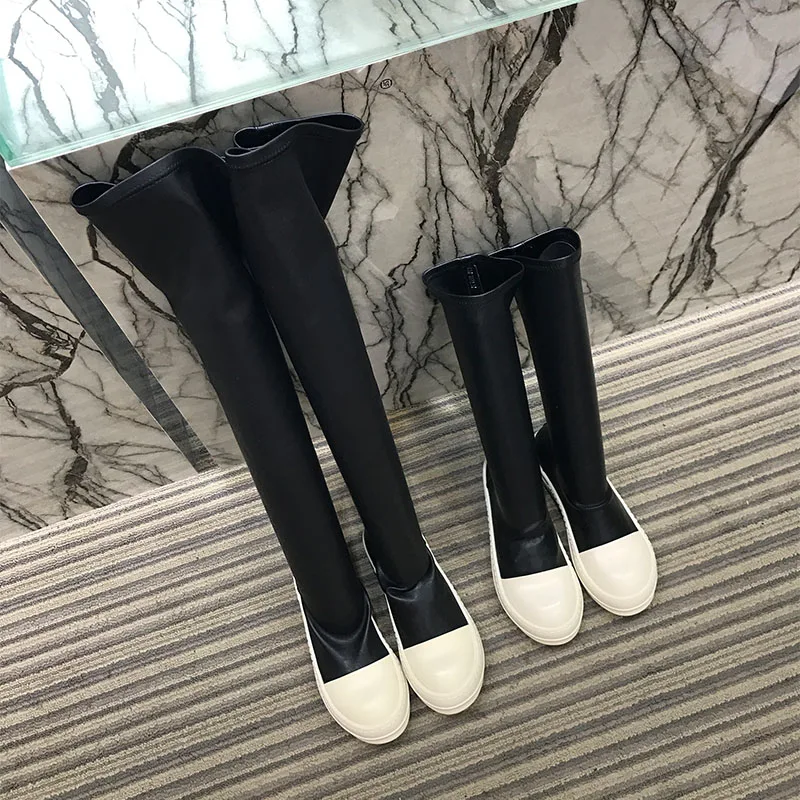 Piste Haute De Bottes Patchwork Élastique Appartements Défilé Plate Mode forme Sur Noir Casual Femmes Mince Le Genou Chaussures Stretch Femme FJKT1l3c