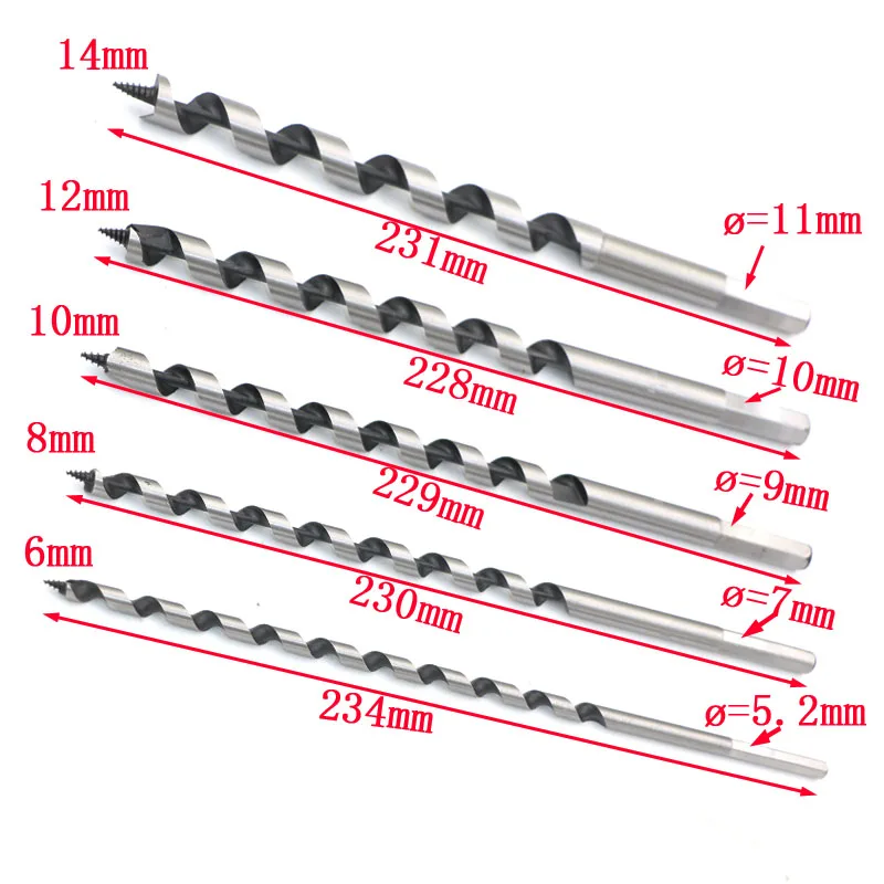 6,8, 10,12, 14 мм Делюкс, земельный шнек сверлы, сверло с отличными рукоятками, набор с длинным корабль деревянная дыропробивной пресс сверла набор деревообрабатывающий инструмент, 228-234 мм,(5 шт