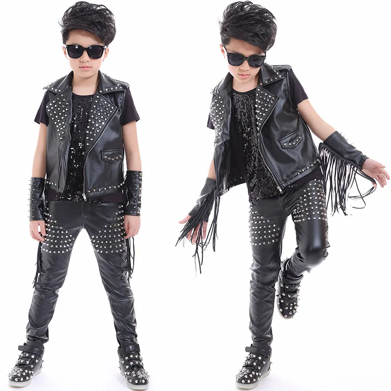 

Boys Hip Hop Dance Jazz Stage Costumes For Kids Studded Black Leather Pants Jacket Vest Stage Performance Wear Clothes DNV10045