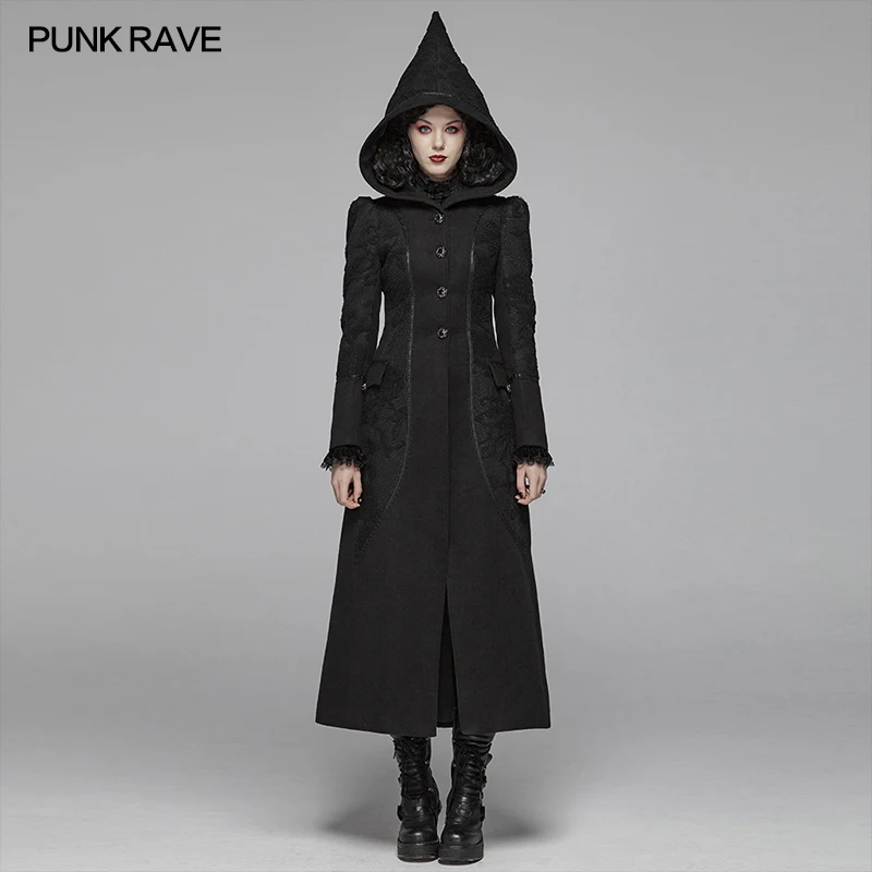 

PUNK RAVE Women's Gothic Thickened Woolen Lace Splice Long Coat Winter Warm Party Club Halloween Trench Coat for Women