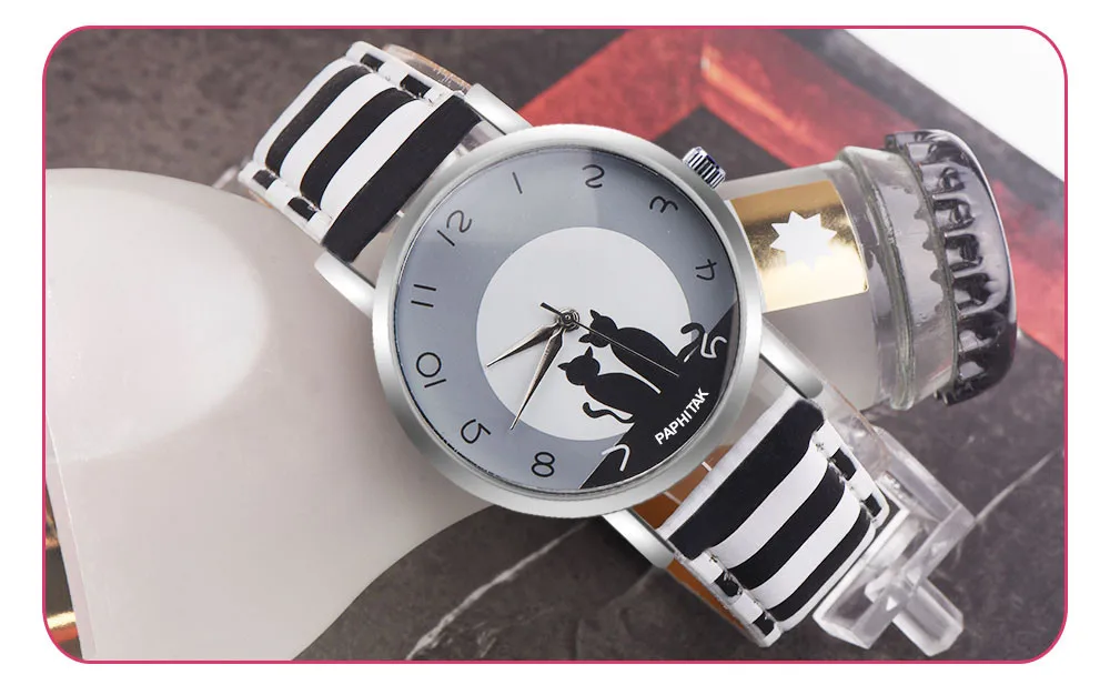 Новые модные женские часы с милым котом из искусственной кожи, аналоговые кварцевые наручные часы унисекс# Ju