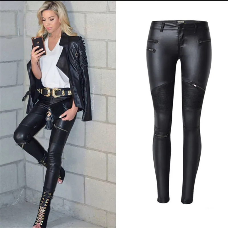 Fake Zippers Leather Vintage Women Skinny Pants Elasticity low Waist