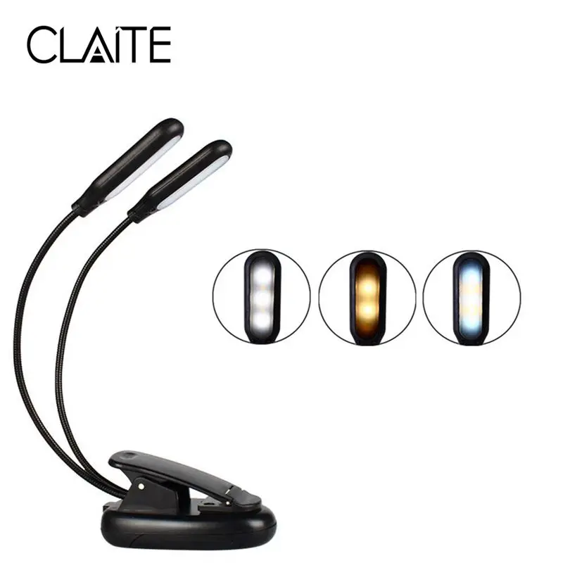 

CLAITE Double heads 10 LED Clip Table Light 3 Modes Dimming Battery powered Desk Lamp for Reading working