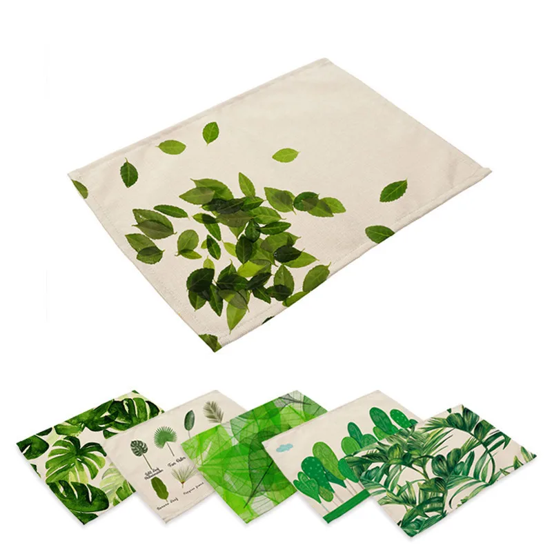 

Cotton Linen Western Pad Placemat Insulation Green Leaves Pattern Dining Table Mat Bowls Coasters Kitchen Accessories 42*32cm
