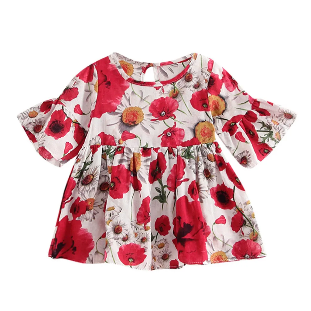 Summer New Fashion Toddler Kids Baby Girls Dress Floral Print Flare Sleeve Princess Dress Outfits Wholesale Free Ship Z5