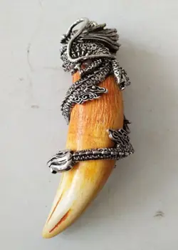 

Chinese Boars Tooth Wild Hog Silver Dragon Protective Talisman Pendant