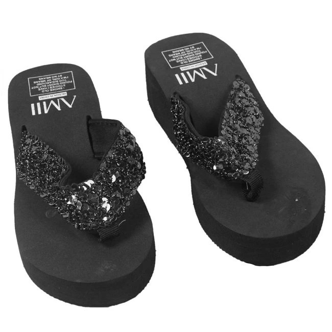 New Ladies Womens Girls Sequin Flatform Wedge Flip Flops Shoes Beach