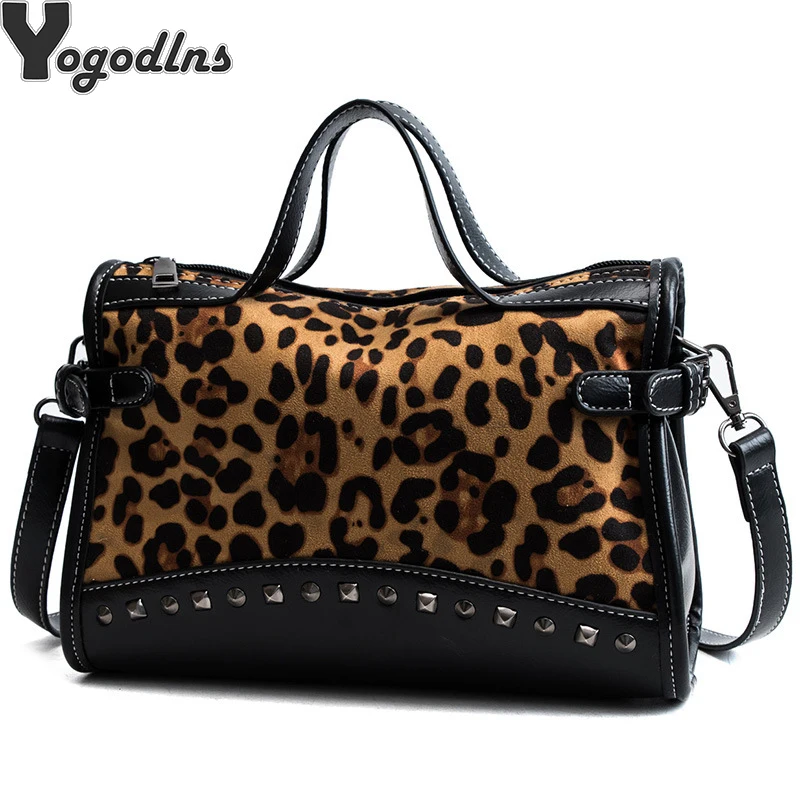جديد برشام سلسلة أكياس فو جلد الغزال Crossbody حقائب للنساء المخملية كبيرة اليد حقيبة ليوبارد طباعة شنطة كتف