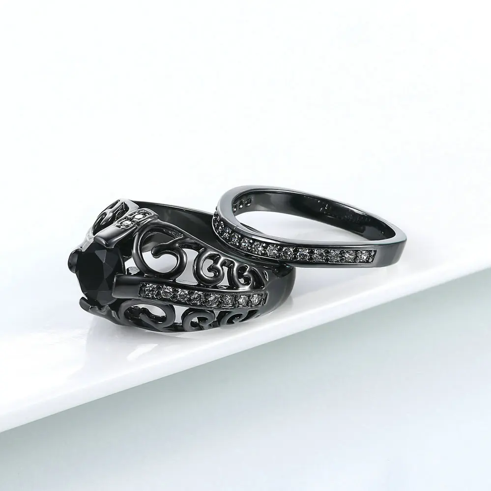 Double Fair Punk Style Couple Rings For Men / Women Black Gold Color Ring Set Black Nano Stone Women's Jewelry DFYG054
