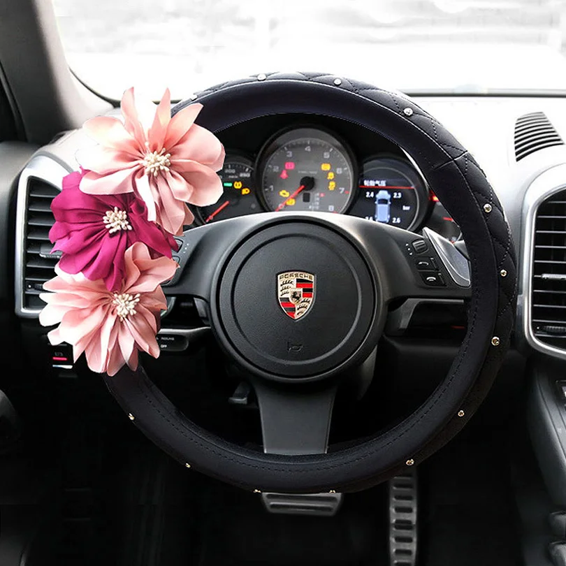 Auto-Car-Steering-Wheel-Cover-blue-Flower-Imitation-sheepskin-Diameter-38CM-Black-l6