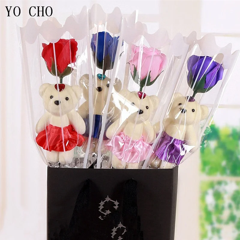 

YO CHO Artificial Flower New Romantic Bear of Roses Wholesale Valentines Day Gifts Soap Flower Bouquet Wedding Decoration Party