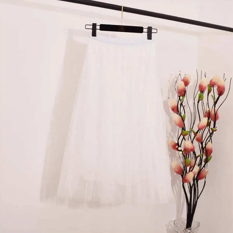 GIGOGOU Тюлевая юбка s Женская миди плиссированная юбка черная розовая Тюлевая юбка эластичная высокая талия с блестками Ins сетчатая юбка-пачка весенняя - Цвет: White 695