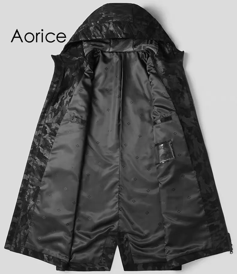 Aorice MT906 Новая модная мужская куртка из натуральной овечьей кожи камуфляжная Длинная кожаная куртка с капюшоном зимняя теплая верхняя одежда