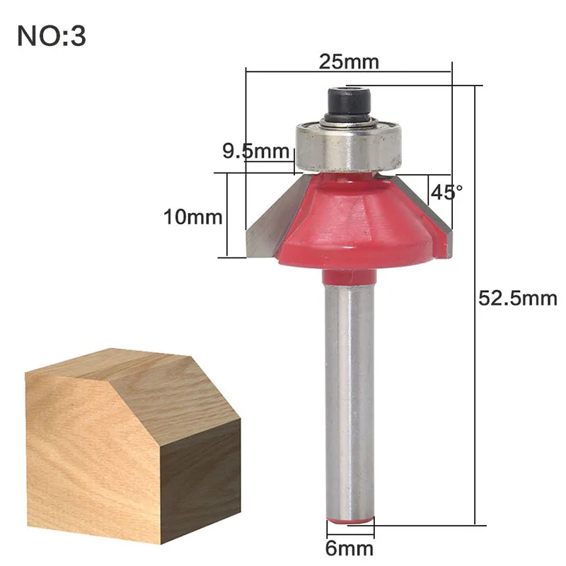1 шт. 6 мм хвостовик 45 градусов фаски концевые фрезы кромки формирующие фрезы с шариковым подшипником Вольфрам две флейты фрезы для дерева - Длина режущей кромки: NO 3