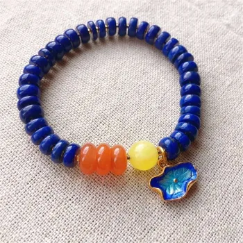 

7.4mm Natural Lapis Lazuli Gemstone Bracelet With Pendant For Woman Female Gift Bless Crystal Stretch Bracelet AAAAA Certificate