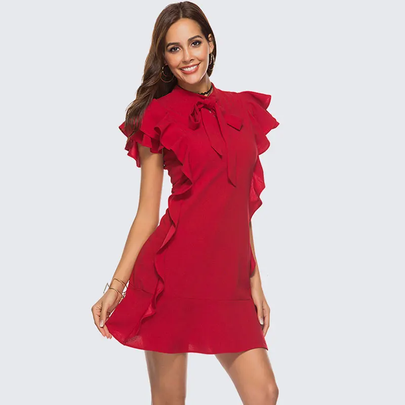 

Solid Ruffles Bow Mini Dresses Women Casual Short Sleeve Lacing Slim A-line Dress Summer Ladies Fashion Party Dress Vestidos New