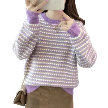 

2019 Autumn Winter Women Oversize Striped Polka Dot Knitted Sweater Pullover Femme Korean Style Tricot Jumper Sueter Mujer K108