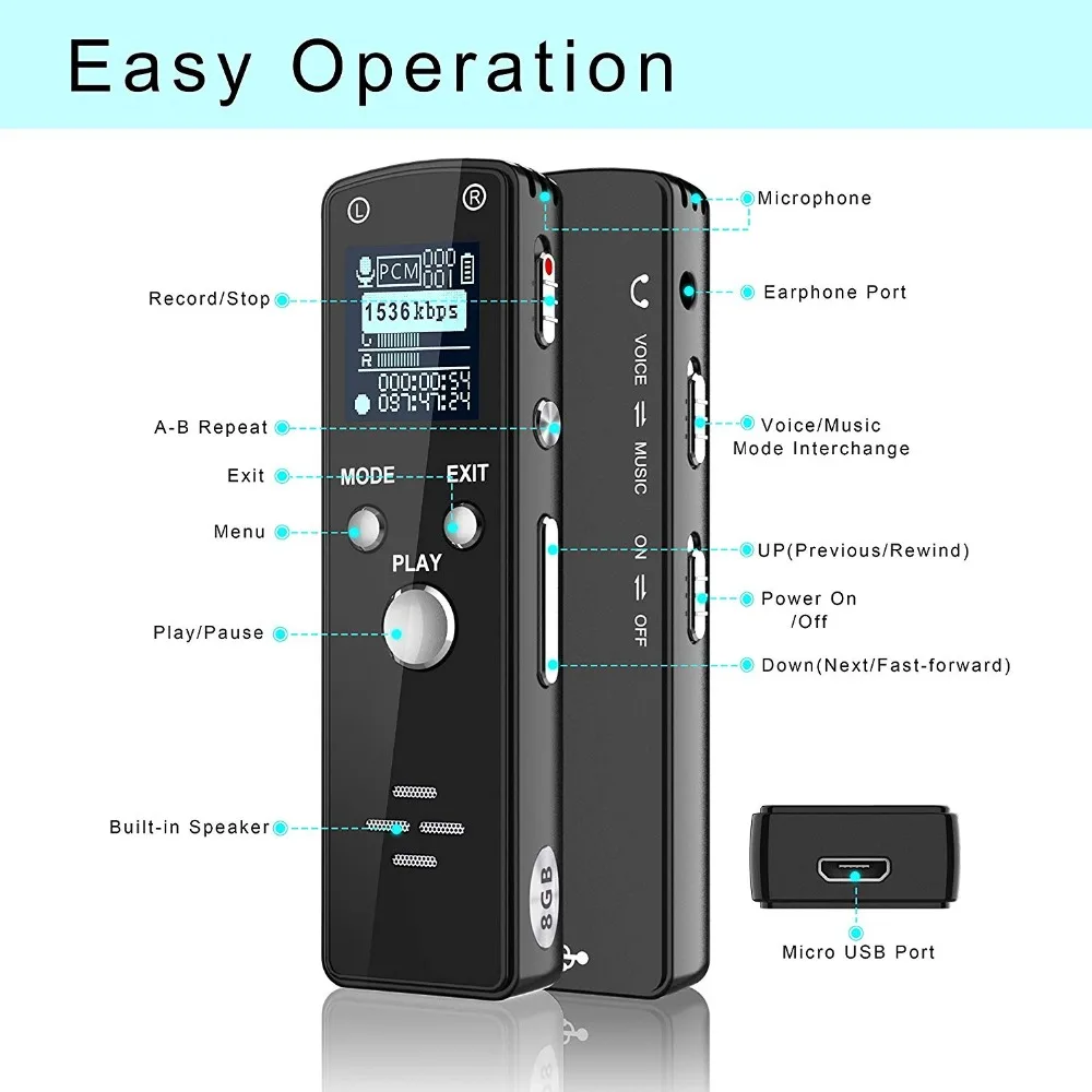 NOYAZU N25 8 GB/16 GB Диктофон USB Профессиональный 700 Hr диктофон цифровой Аудио с WAV mp3