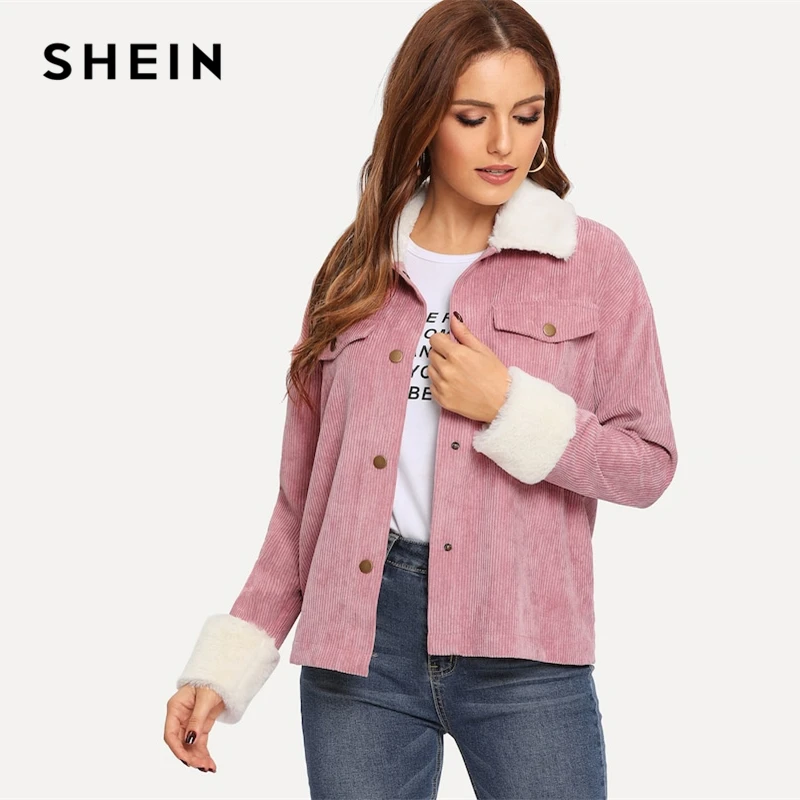 price reduction SHEIN Pink Contrast Faux Fur Detail Drop Shoulder Collar Jacket Autumn Single Breasted Casual Elega