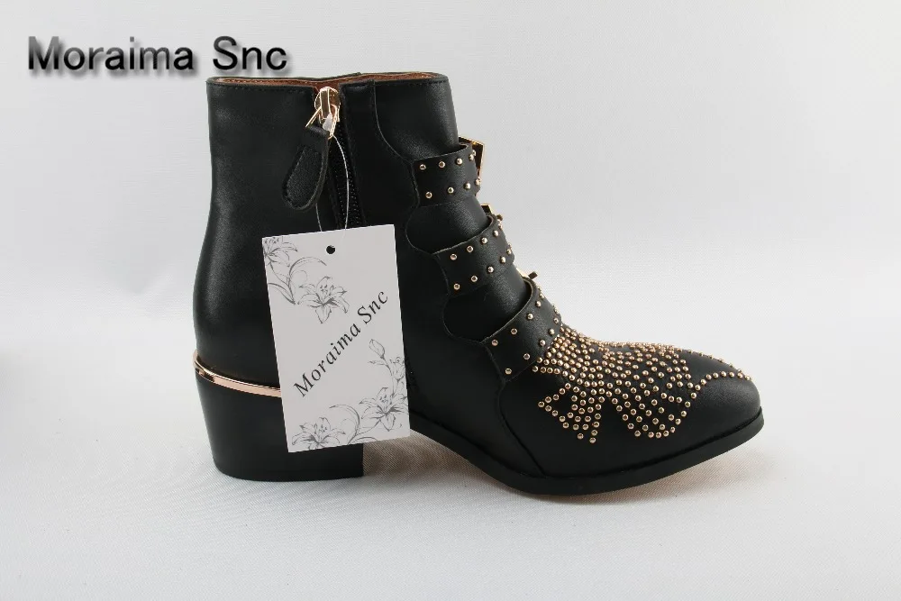 Black Leather Studded Ankle Boots For Women Gold Metal Buckle Strap Sexy Motorcycle Booties Flat