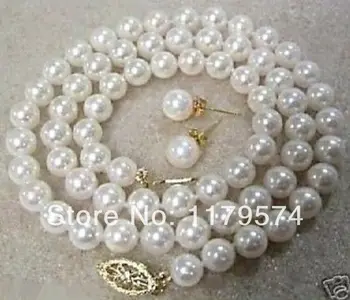 

New Arrival 8mm White Shell Pearl Beads Necklace Earring Set Manual Tie Jewelry Gift Woman Make Chokers Accessories 18"AAA