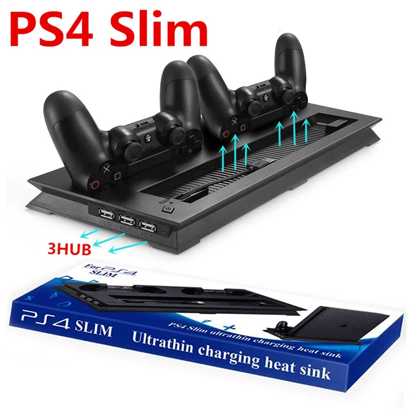 

PS4 Slim Vertical Stand with Cooling Fan Cooler Dual Controller Charger Charging Station for SONY Playstation 4 Slim Console