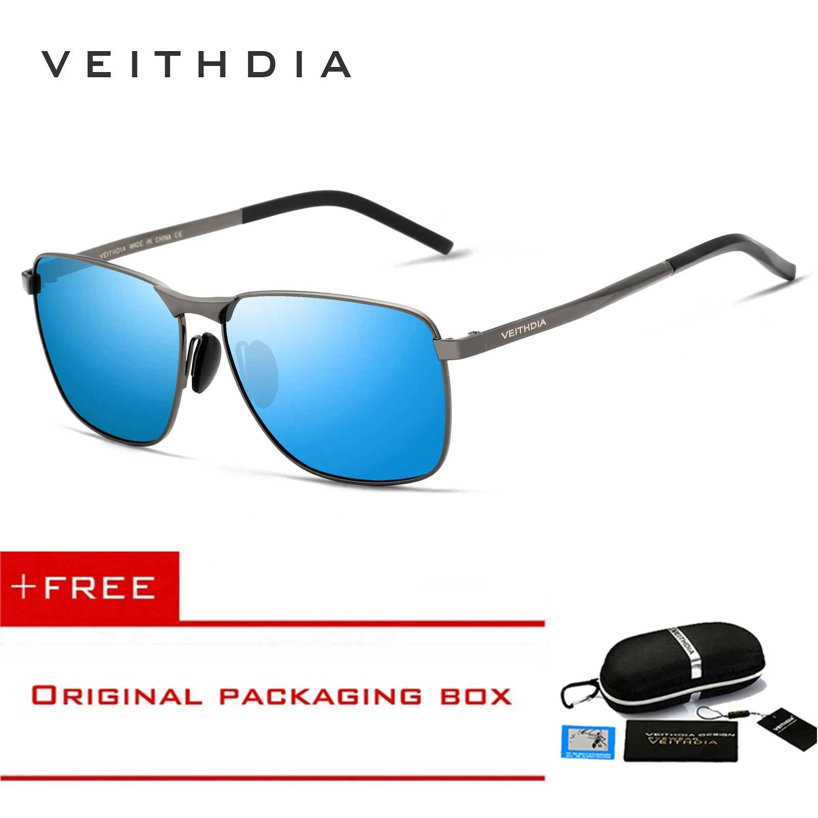 Veithdia, фирменный дизайн, модные квадратные солнцезащитные очки для мужчин, s, поляризационное покрытие, зеркальные солнцезащитные очки, аксессуар для очков для мужчин 2462 - Цвет линз: Gun Blue