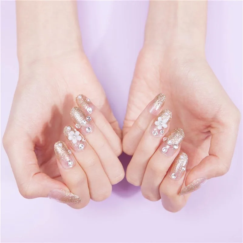 

24pcs Champagne Color Shiny Flower Diamond 3D Nail Art Stickers Charming Exquisite Glitter Paillette Acrylic Press On Fake Nail