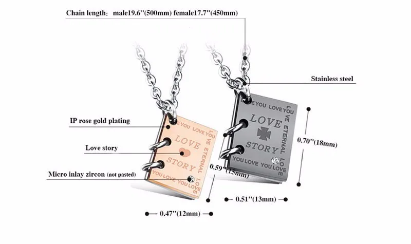 ZORCVENS романтическая "История любви" кулон «Книга» пара ожерелье Черное золото-Цвет Нержавеющая сталь ожерелье для мужчин и женщин ювелирные изделия