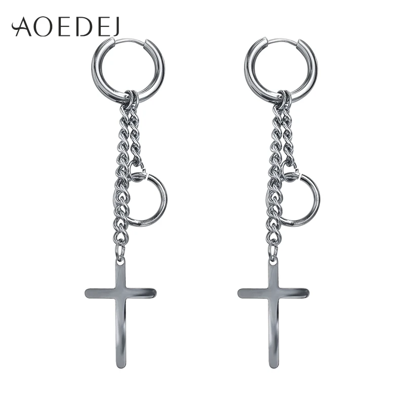 2 Pendientes del Aro con Largo Colgantes Cruz Pendientes para Hombres Mujer Acero Inoxidable