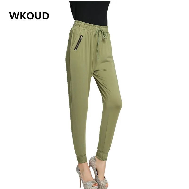 WKOUD Women Casual Solid Harem Pants Fashion Drawstring Elastic Waist Thin Trousers Zipper