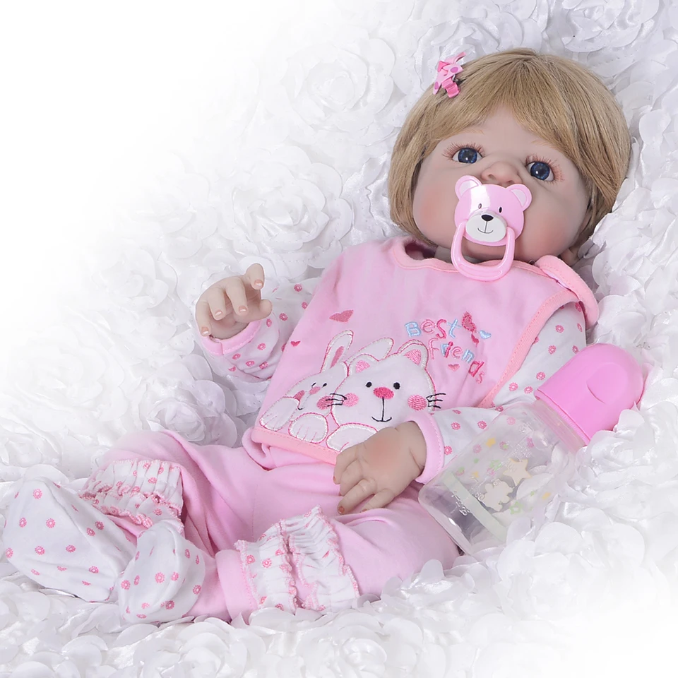 

Wear Pink Bib Reborn Baby Girl Doll Full Silicone Body Realistic Lifelike Reborn Babies 23 Inch Ethnic Style Gold Hair Dolls