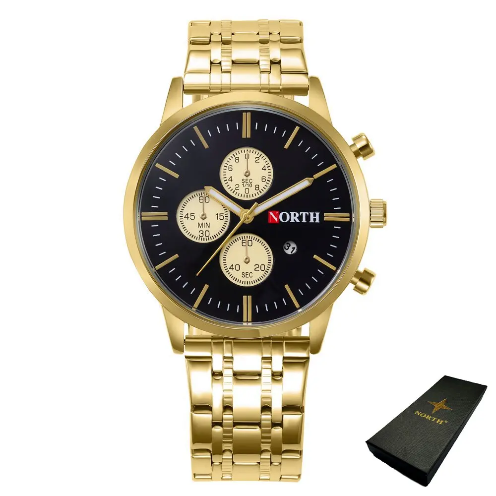 Люксовый бренд North Универсальные мужские часы серебристо-синие из нержавеющей стали водонепроницаемые деловые Модные мужские кварцевые наручные часы спортивные - Цвет: Gold Black Box