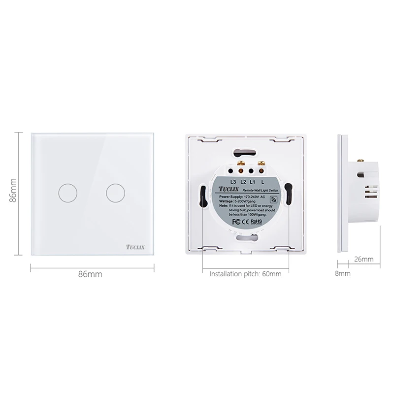 TUCLIX стандарт ЕС 2 банды 1 способ дистанционного управления Сенсорный выключатель дистанционный настенный светильник переключатель с Cystal стеклянная панель