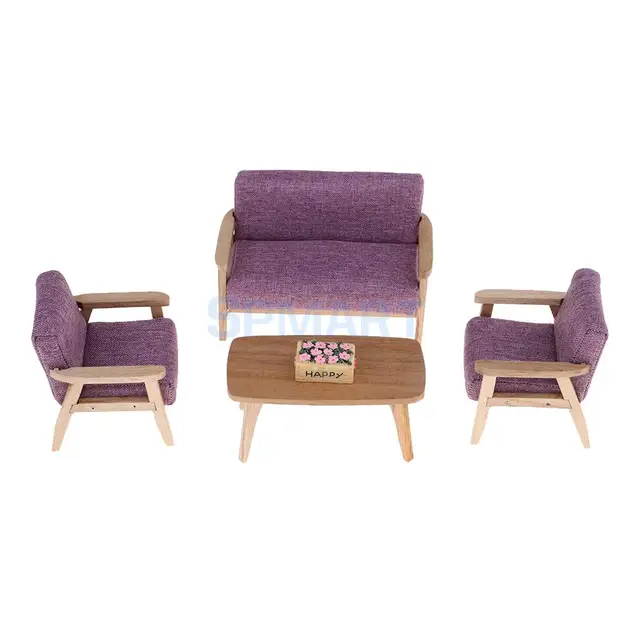 Best Price Contemporary style 1/12 Dolls House Miniature Furniture Living Room Sofa Chair End Table Flower Basket Set Kids Pretend Play Toy