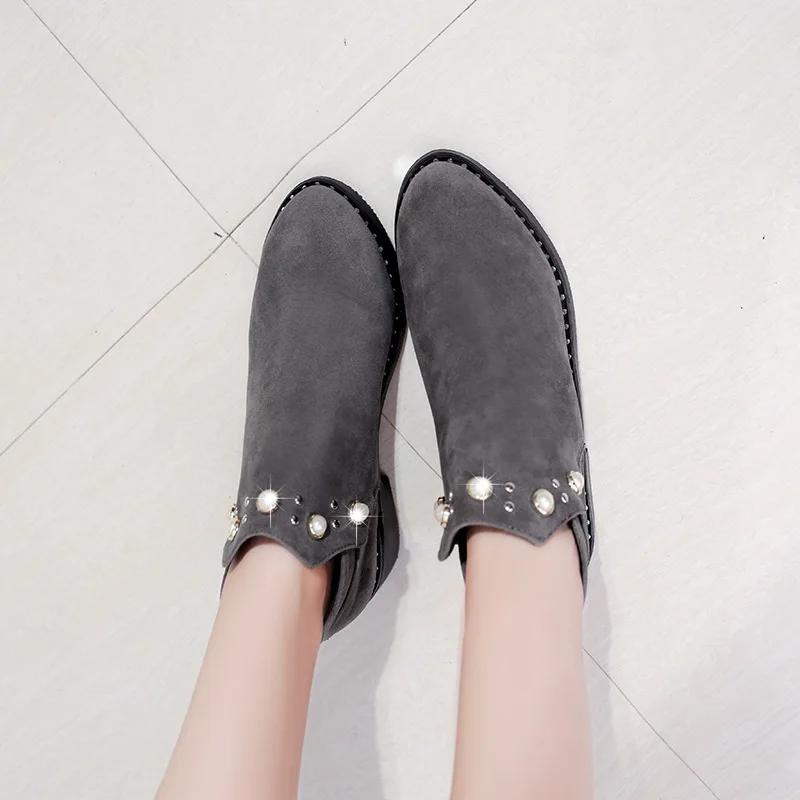 british style pearl round toe ankle boots women plush back zip chunky martin booties lady rivets bottines ladies footware | Обувь