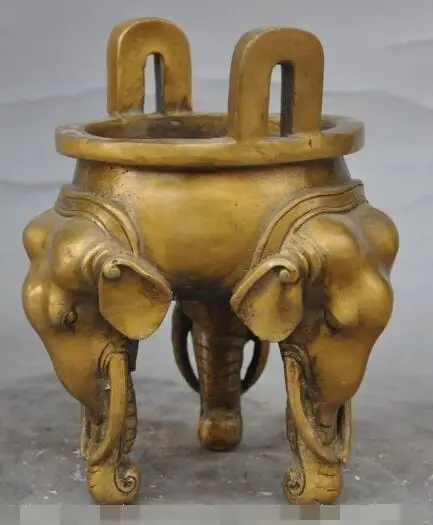

S01381 marked chinese fengshui pure bronze 3 Elephant head statue incense burner Censer (B0413)