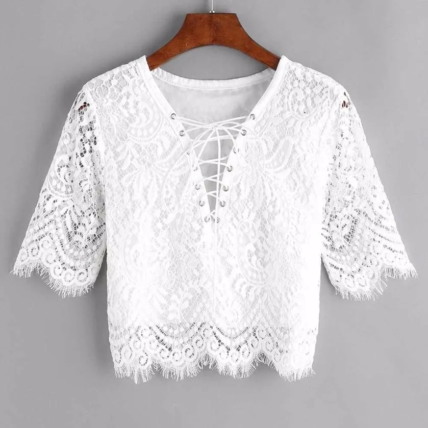 

Women Blouses Summer Short Sleeve White Blouse Lace Up Blouse Sexy V neck Bandage Hollow out Tops Blusas De Renda#HY