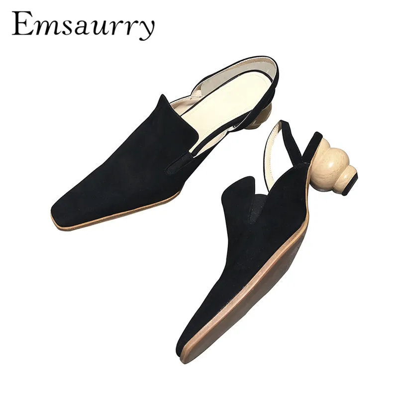 

Individual Square Toe Mules Quality Suede Back Strap Unique Strange Heel Retro Spring Fashion Sandals Women