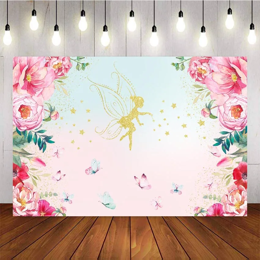 

NeoBack Photography Backdrop Pink Purple Flowers Custom Fairy Butterfly Girls Birthday Party Backgrounds Photo
