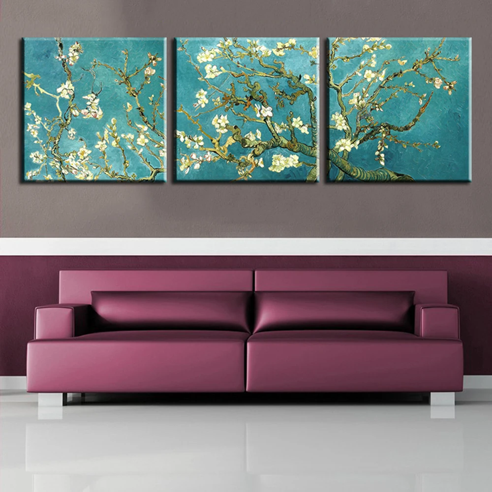 

Wall Art Print Painted Van Gogh Oil Painting Reproductions 3 Piece Abstract Canvas Art Almond Flower Picture Modern No Framed