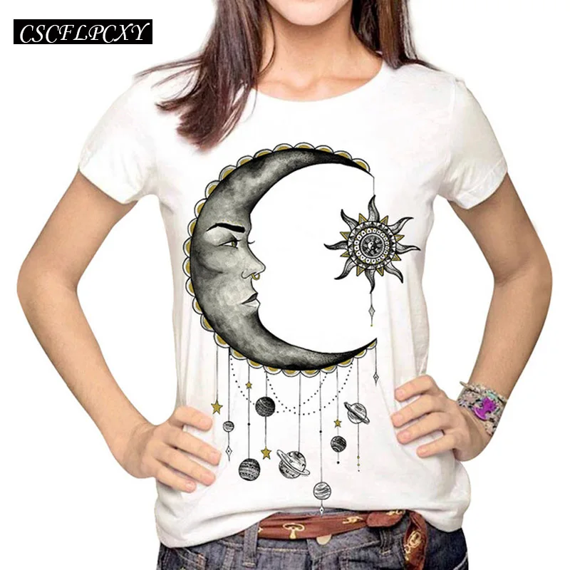 

Women Fashion Hipster Sun and Moon Cartoon Printed Tops Tumblr Harajuku Pencil Drawing 3D T shirt