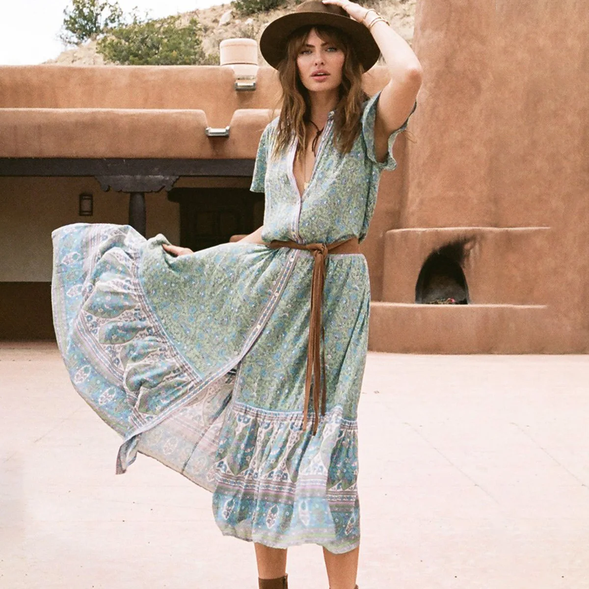 Casual Beach Long Boho Dress 2019 Summer Floral Print Dresses Button Up Sexy V Neck Dress Hippie 