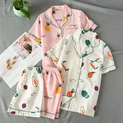2019 новый летний женский 100% марлевый хлопковый фруктовый комплект пижам с принтом, тонкий комплект из 2 предметов, короткий рукав + шорты
